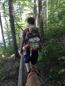 My husband hiking with Lucas around Ogle Lake in Brown County State Park.
